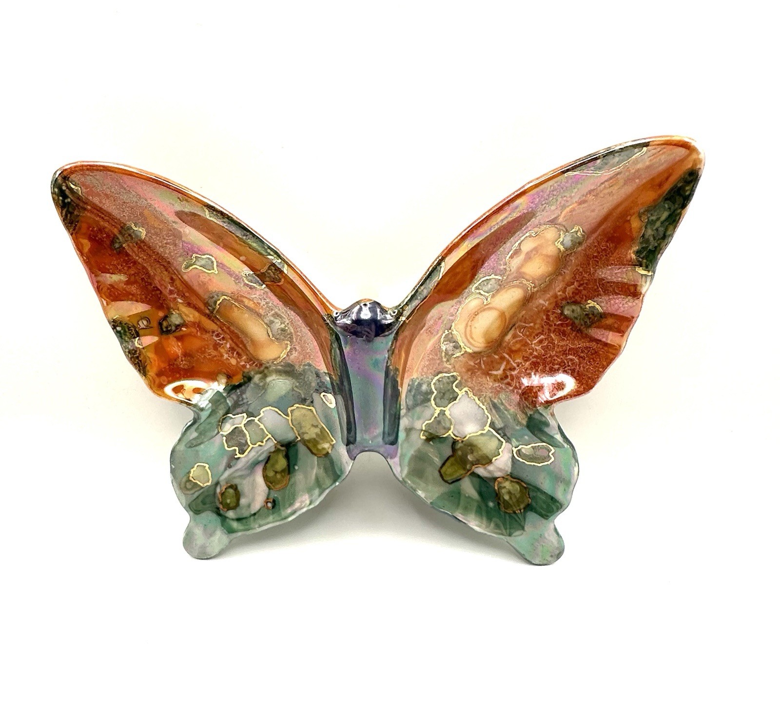 Ceramic Iridescent Glaze Blue Orange Trinket Jewelry Dish Butterfly Pottery