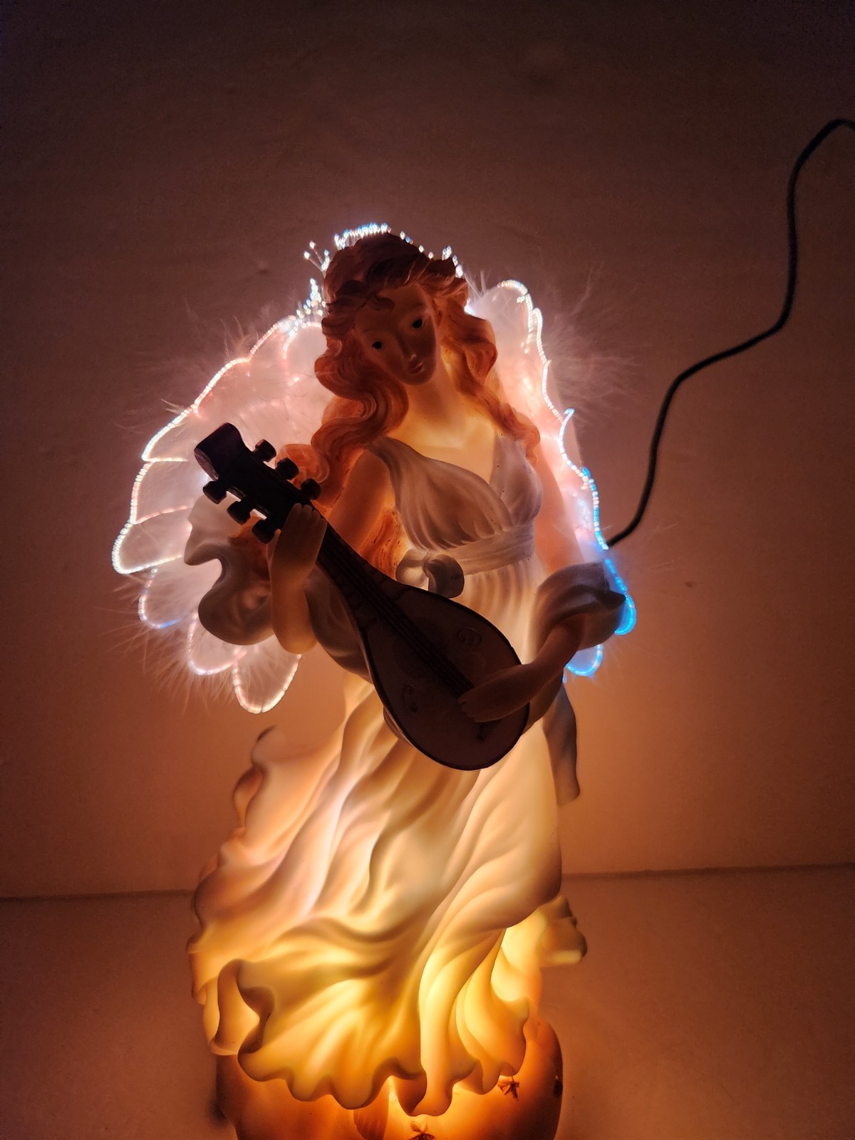 Vintage Fiber Optic Angel Playing Mandolin Lighted Works Resin Spiritual