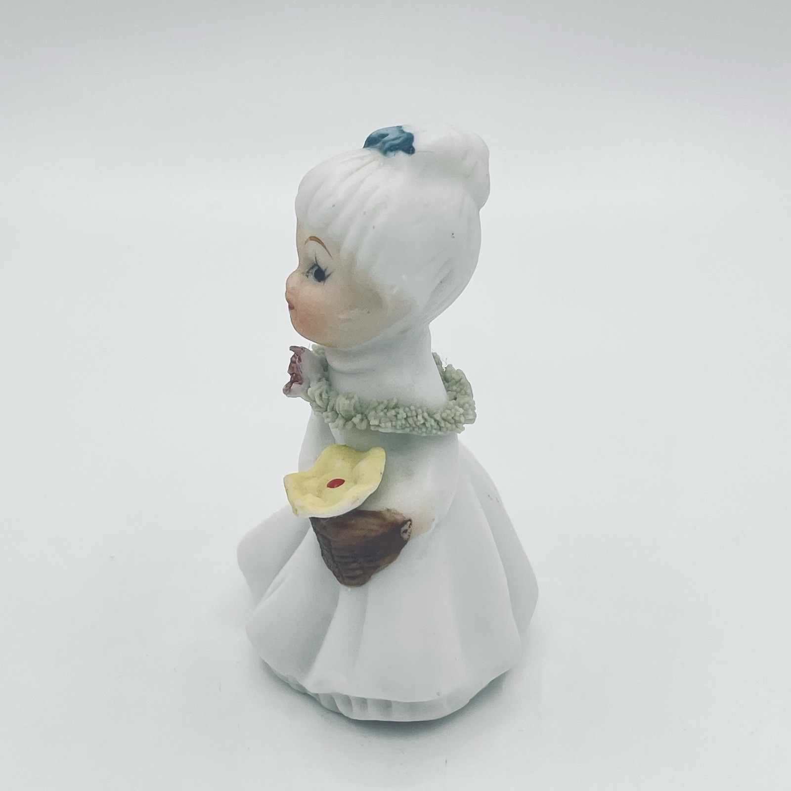 Ardco Miniature Girl Holding Flower Figurine Spaghetti Trim White Dress Vintage