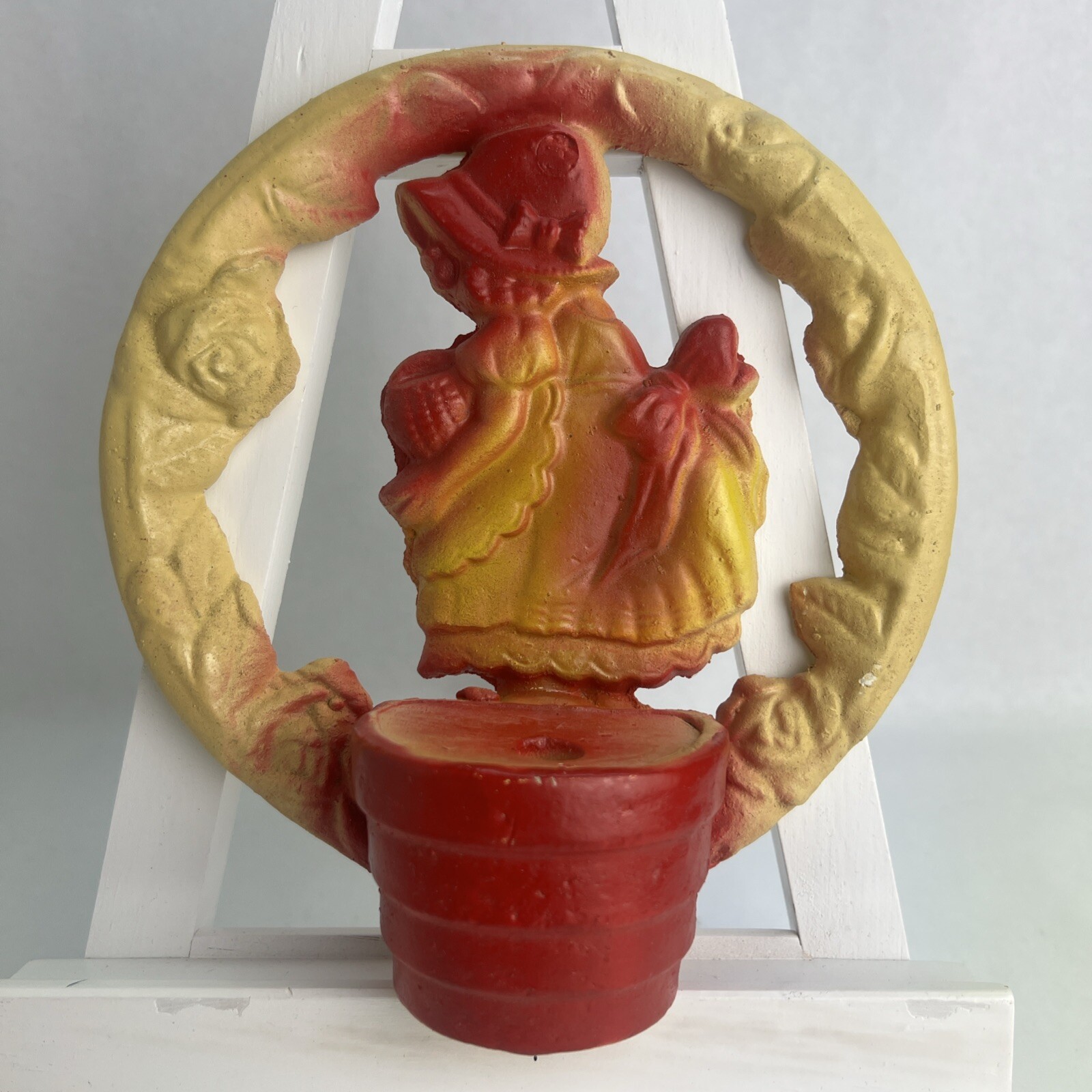 Vintage Chalkware Carnival Prize Red & Yellow Bright Wall Hanging Candle Holder