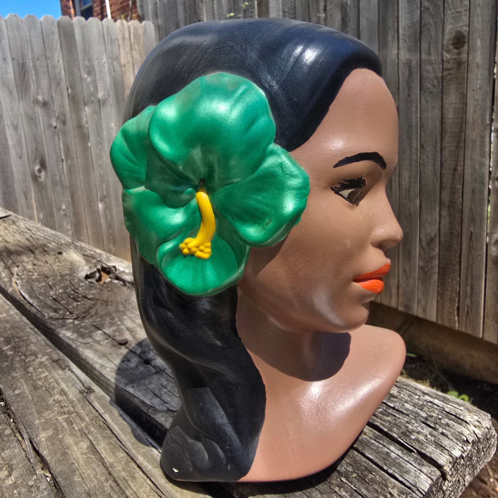 Vintage 1976 Hawaiian Hula Girl Head Statue Bust Tiki Decor Signed Polynesian