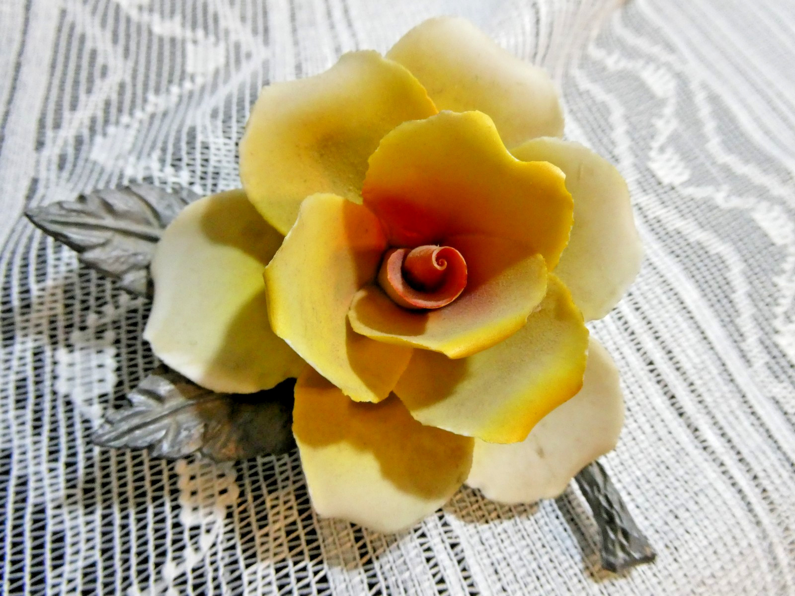 VTG Yellow Rose Figurine Porcelain on Pewter Leaves and Stem