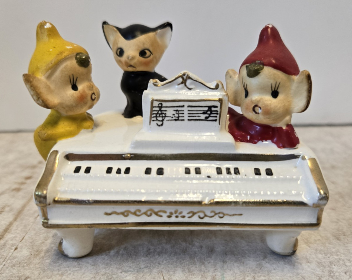 Vintage Pixie Elf Cat Figurine Japan Piano 1950s Kitsch Rare