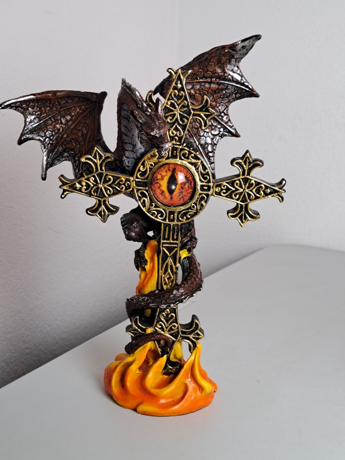 Dragon Wrapped Around Cross with Dragon’s Eye in Center Resin 10″ Fantasy Statue