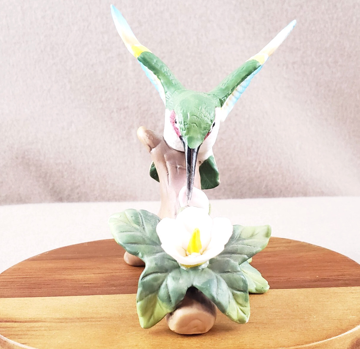 Vintage Hummingbird Figurine w/Pink Flower on Tree Branch Porcelain 4″ Tall
