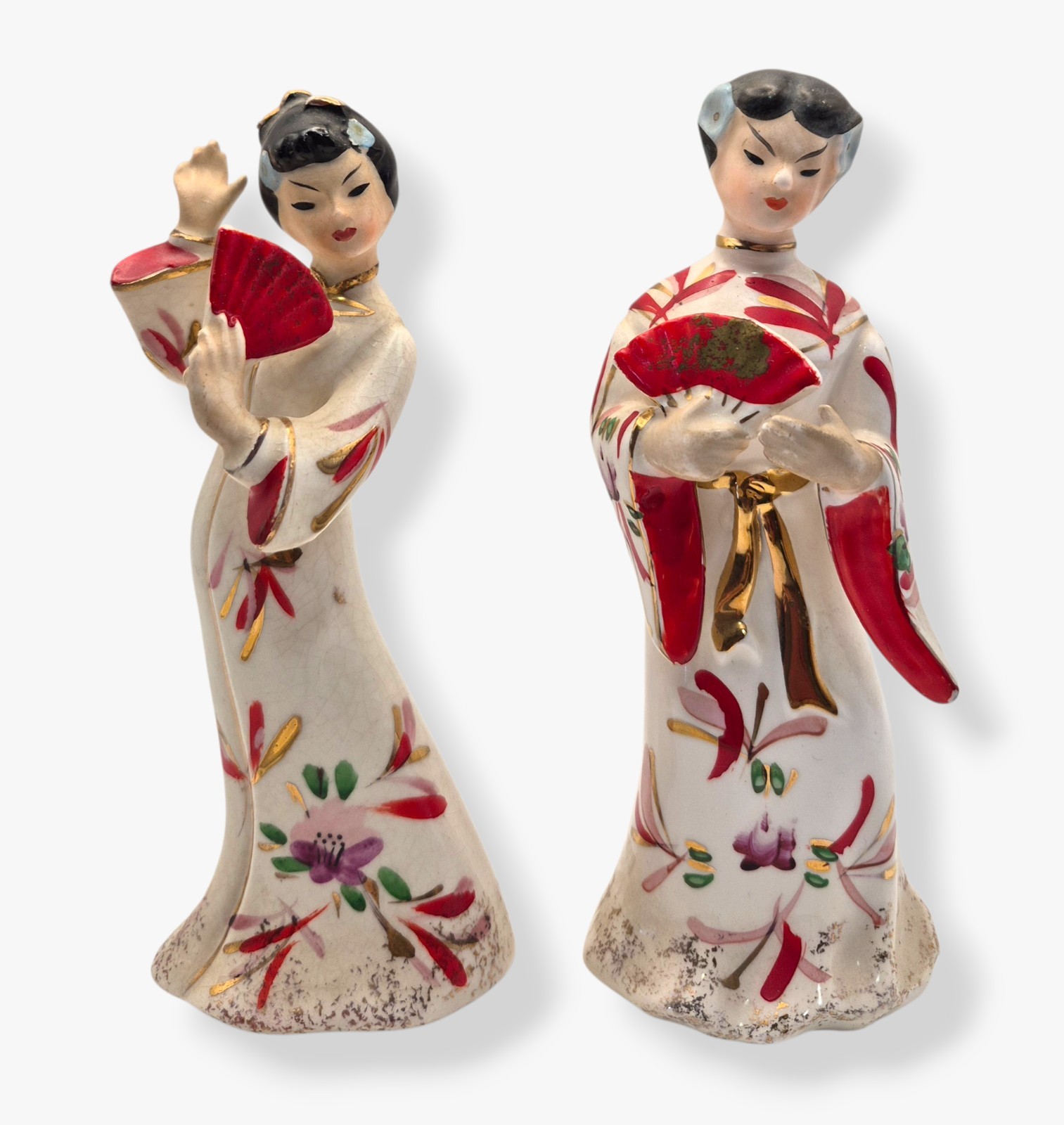 Vintage Japan Geisha Figurines Pair Porcelain Asian Ladies Fans Floral Kimono 6″