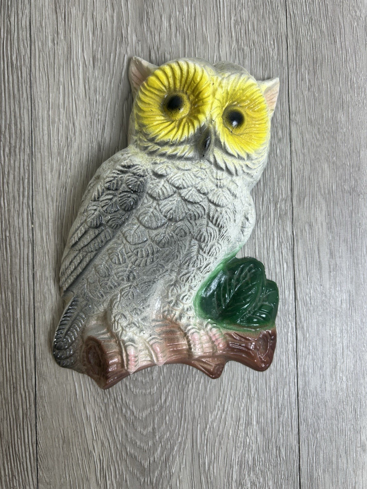 Vintage Chalkware Owl Wall Hanging Decor Gray Owl Yellow Eyes