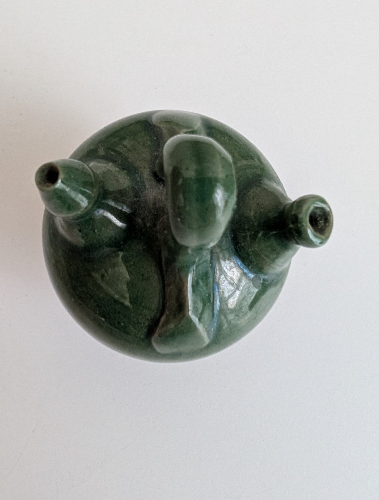 Vintage mini pottery jug vessel green glazed ceramic 3” Botijo Gargoulette