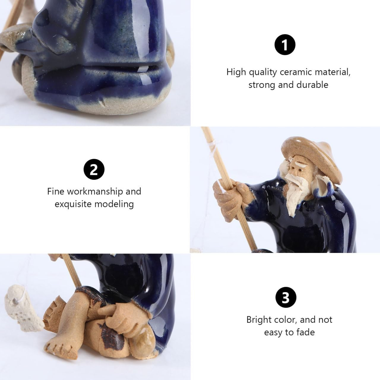 2 Pcs Mini Sitting Fishing Figurines, Ceramic Fisherman Figurines for Fish Tank