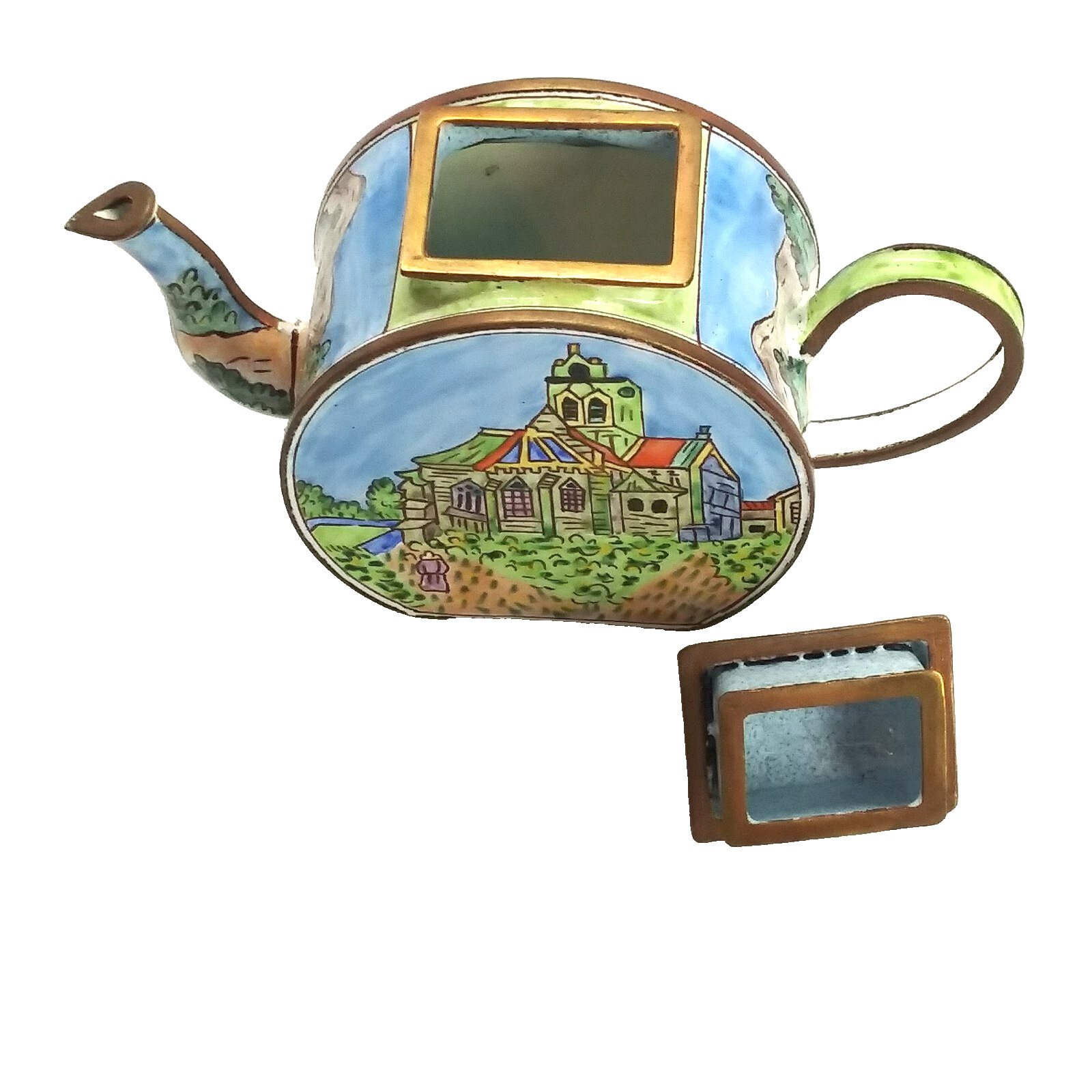 Rare Vintage KELVIN CHEN Miniature Copper Enamel Teapot Auvers- Van Gogh 3.5″