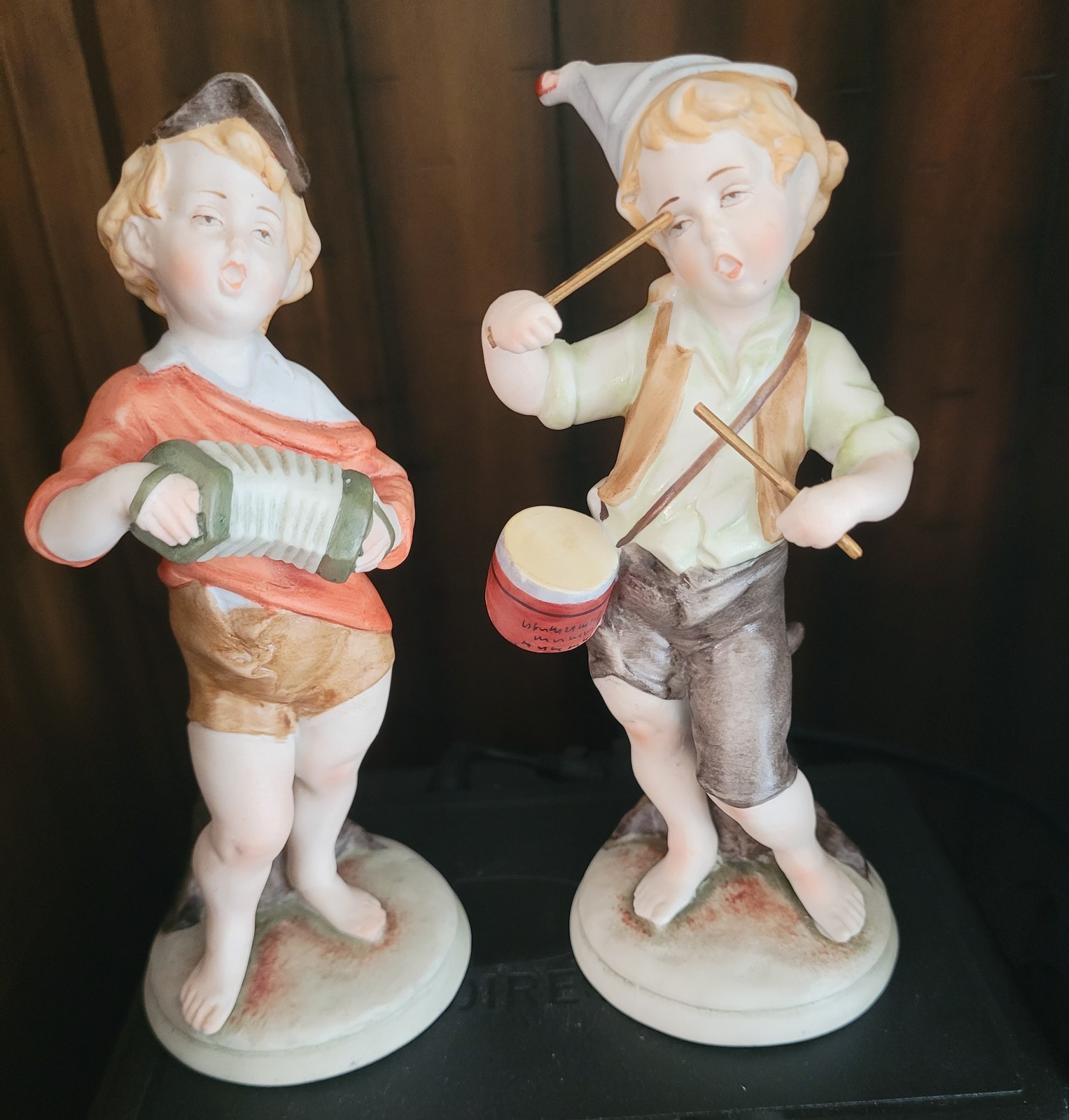 2 Vintage Lofton Porcelian Figurine Boys One Playing Drum Other Playing Accord