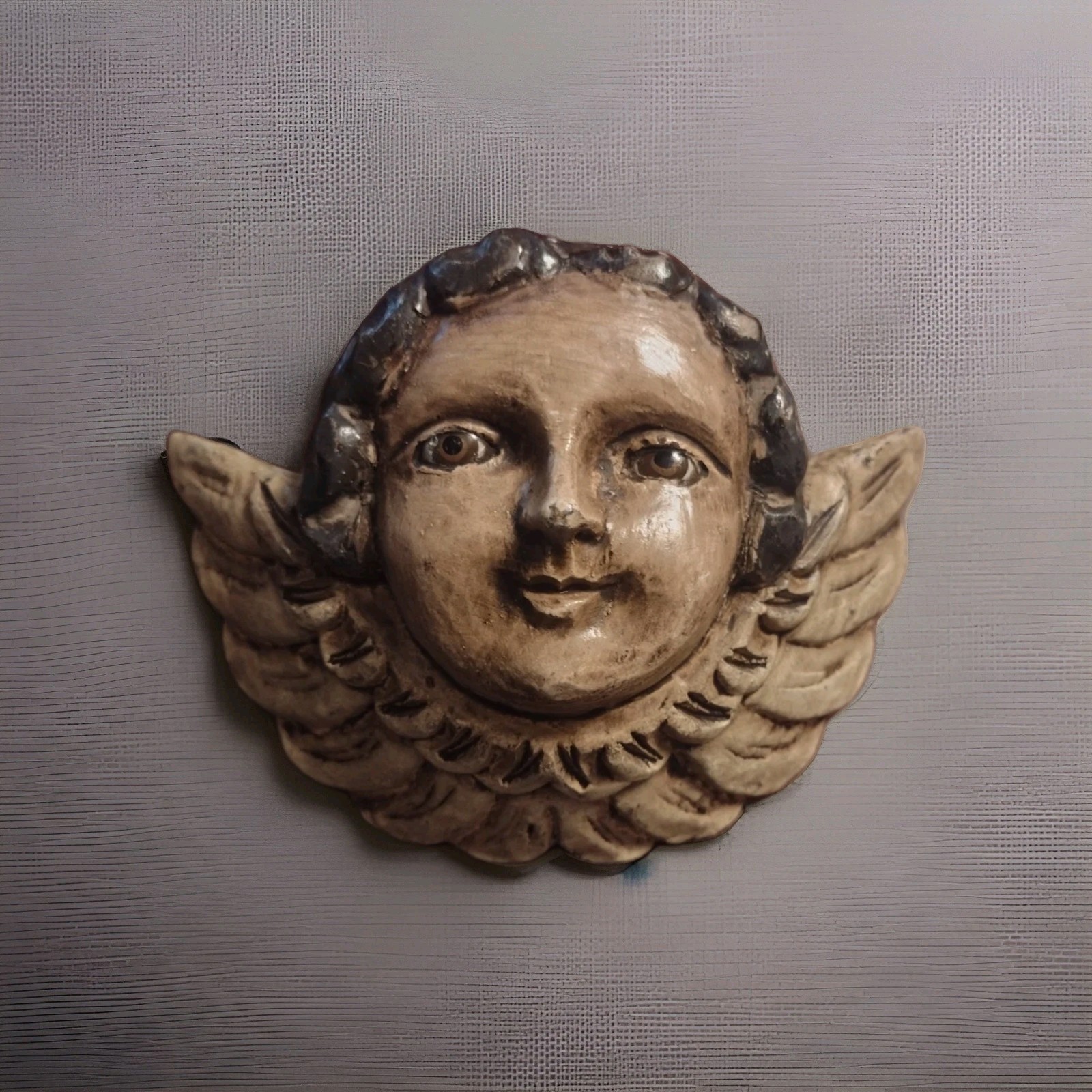 Antique Carved Wood Polychrome Putto Putti Angel Head with Glass Eyes READ