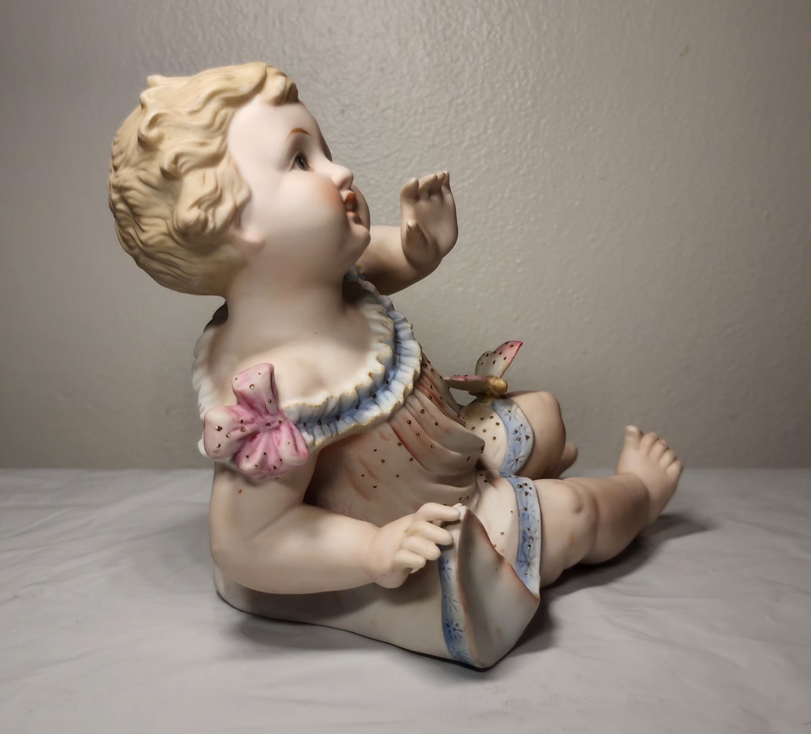 Mid-Century Andrea by Sadek Bisque Porcelain Piano Baby Figurine Girl Butterfly