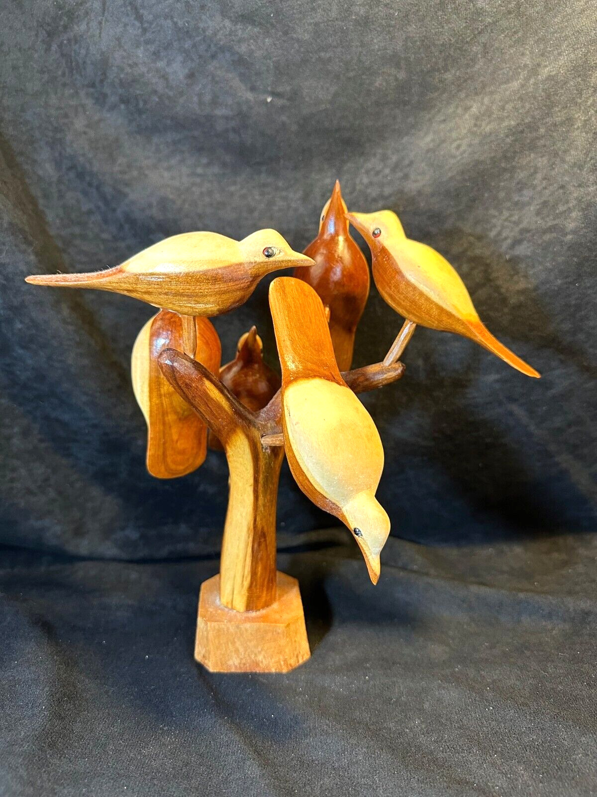 Vintage Hand Carved Wooden Tree with Six Removable Birds Figurine Sculpture