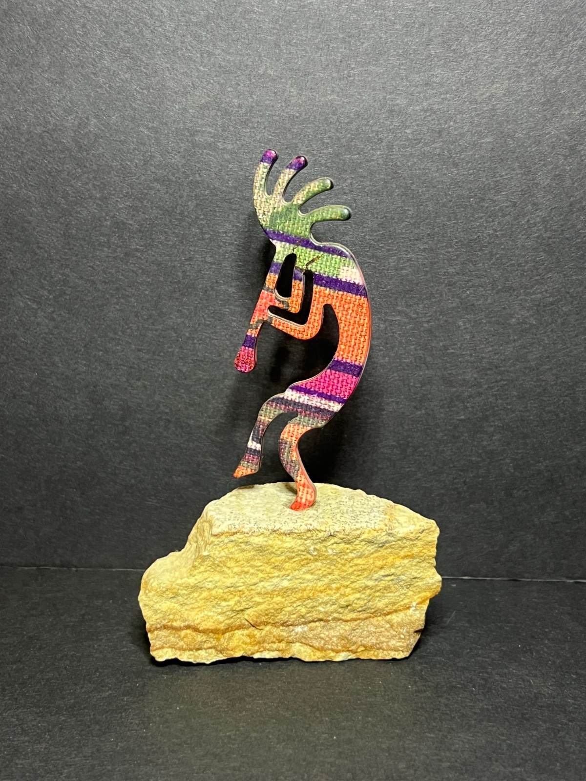 Kokopelli Lazart Enameled Metal Art & Sandstone Rock Flute Player Figurine 4.25″