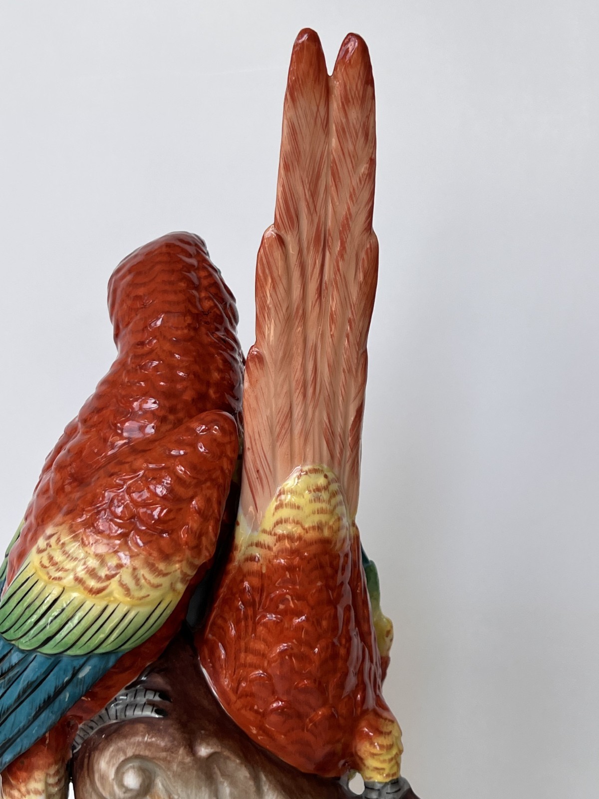 Antique Porcelain Bird Figurine Red Macaw Parrots Sinzendorf 1918 13″ High
