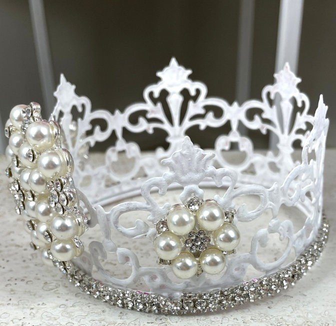 4″ Shabby White French Country Rhinestone Statue Crown Jeweled Glass Pearls