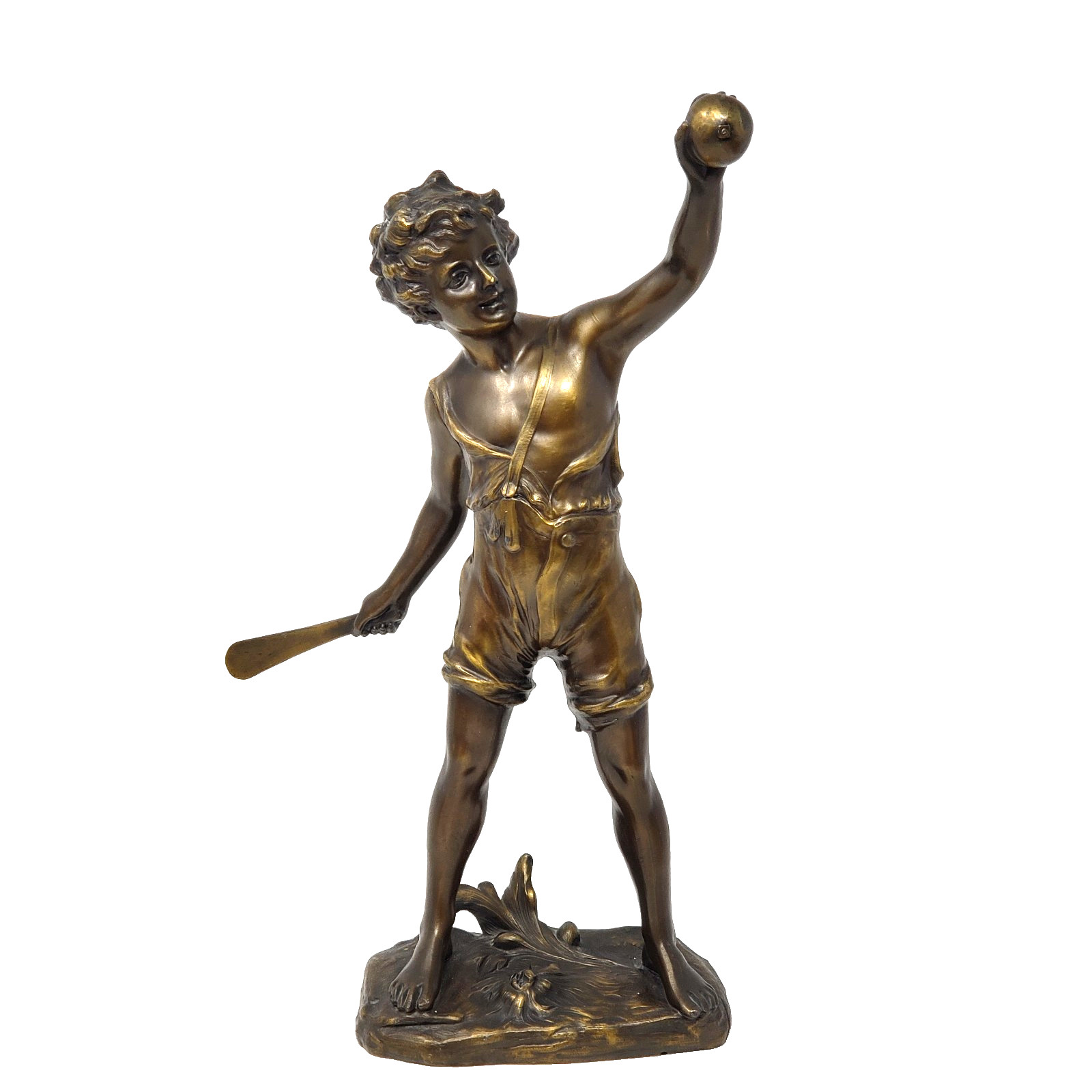 Antique Bronze Sculpture Cricket Boy Signed F. Iffland Art Nouveau 14.5″