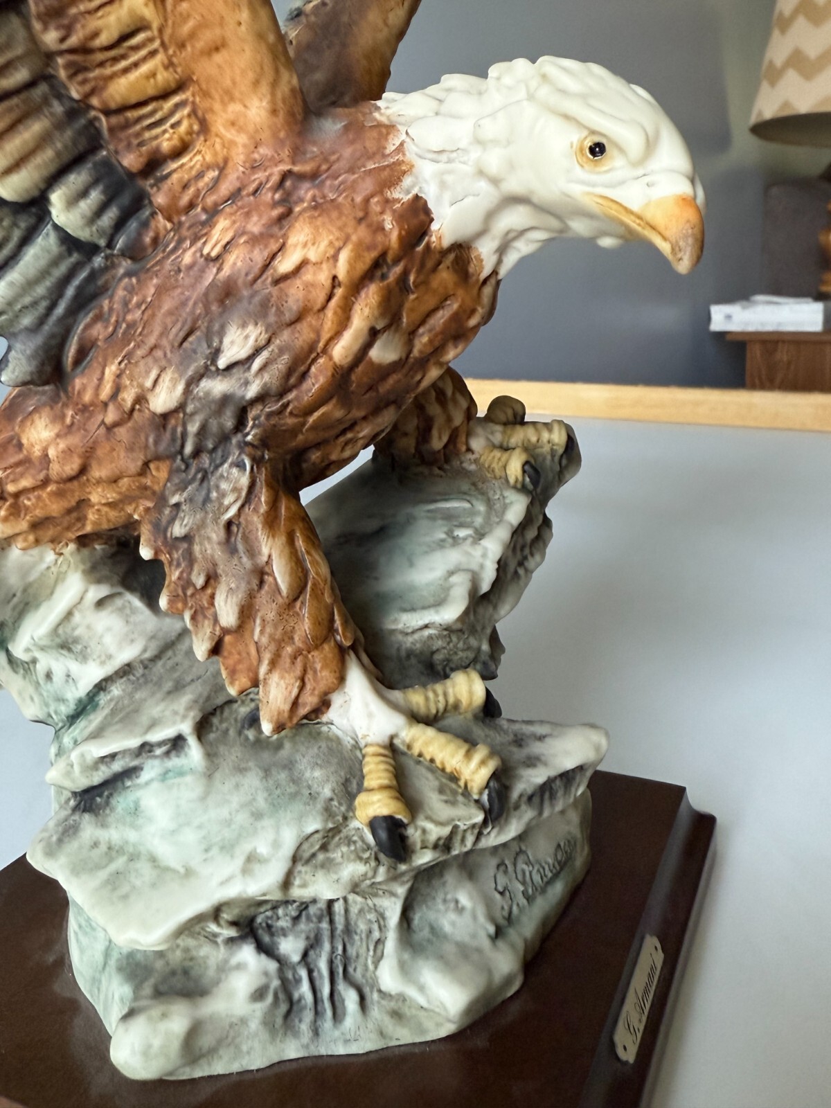 G. Armani Capodimonte Signed Eagle Landing On A Rock Statue w/ Wood Base