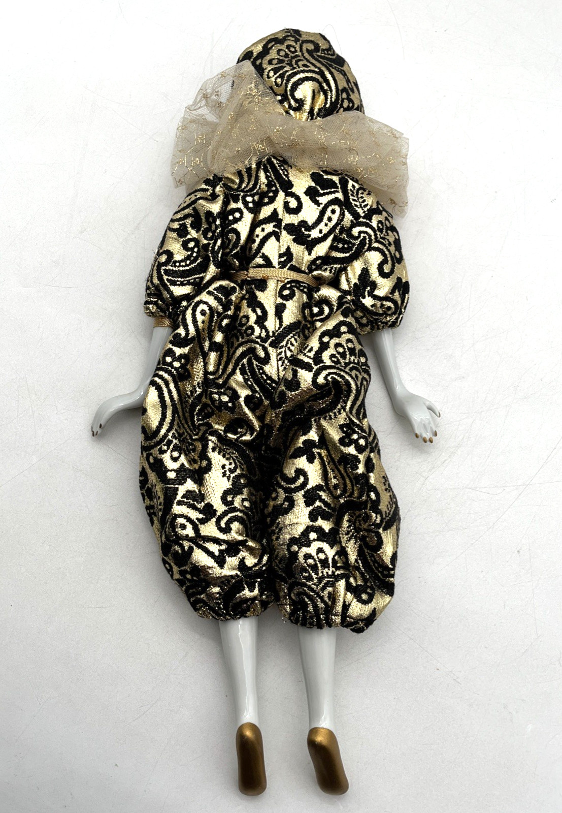 Porcelain Harlequin Doll 18” Venetian Style Gold Black Costume Decorative Doll