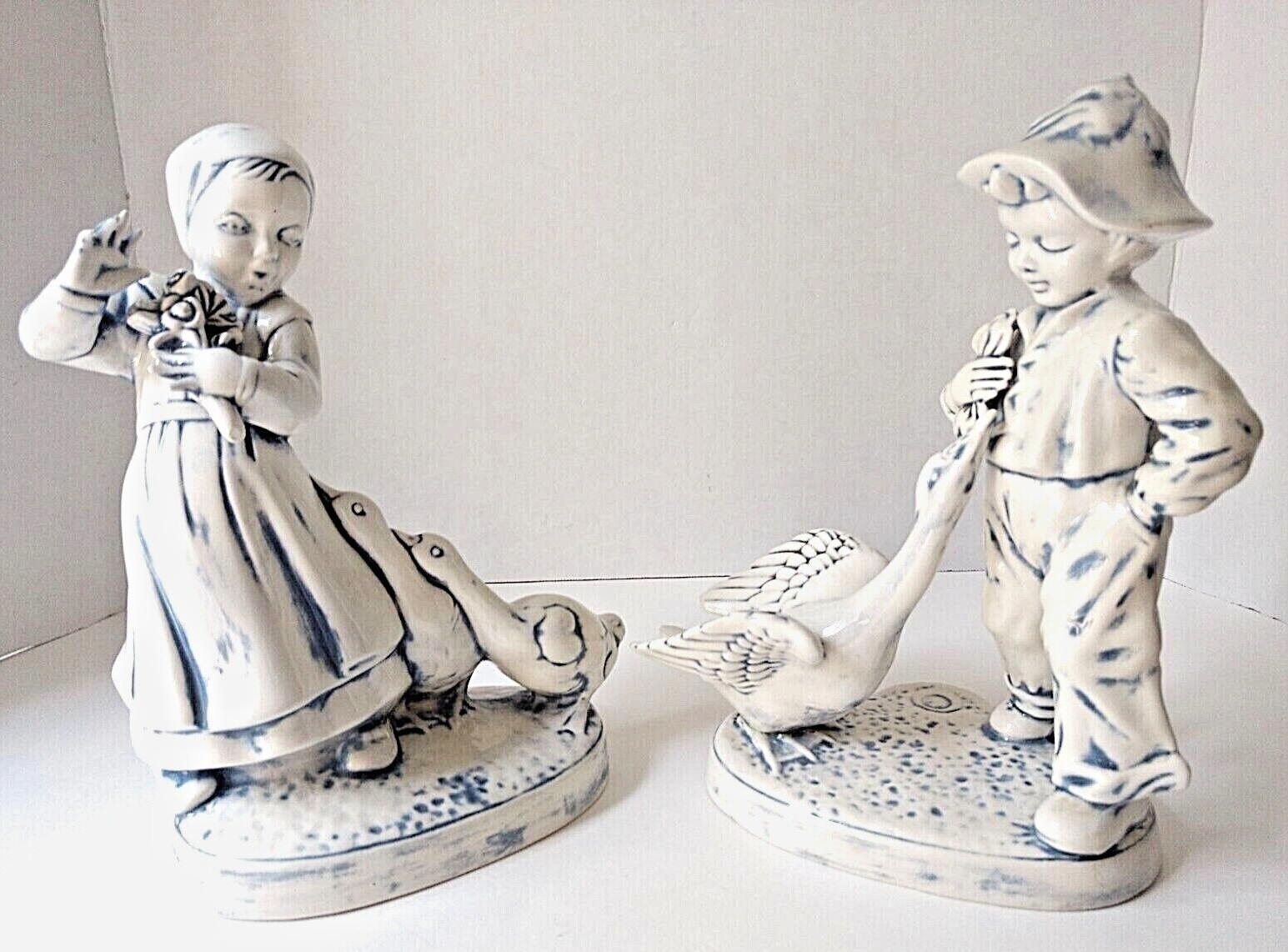 Vintage Holland Mold Boy&Girl with Geese Ceramic Figurines, 1966, USA, 9″ Height