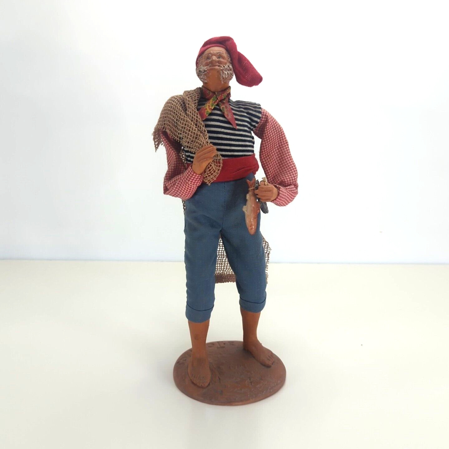 French Santon Figurine 12″ Terracotta Clay Doll Signed Simone Jouglas Fisherman