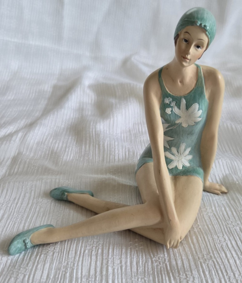 3 Art Deco Bathing Beauty Figurines Teal Blue Flower Swim Suit Retro Beach Babes