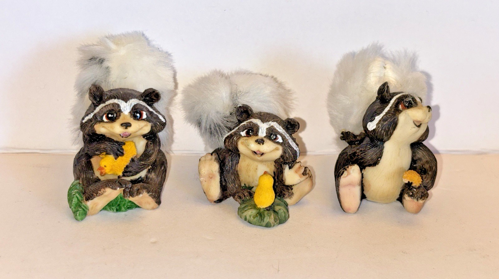 Racoon Skunk Figurine Lot 3 Animal Figure Bird Duck Fur Tails Vtg Rare Kitch