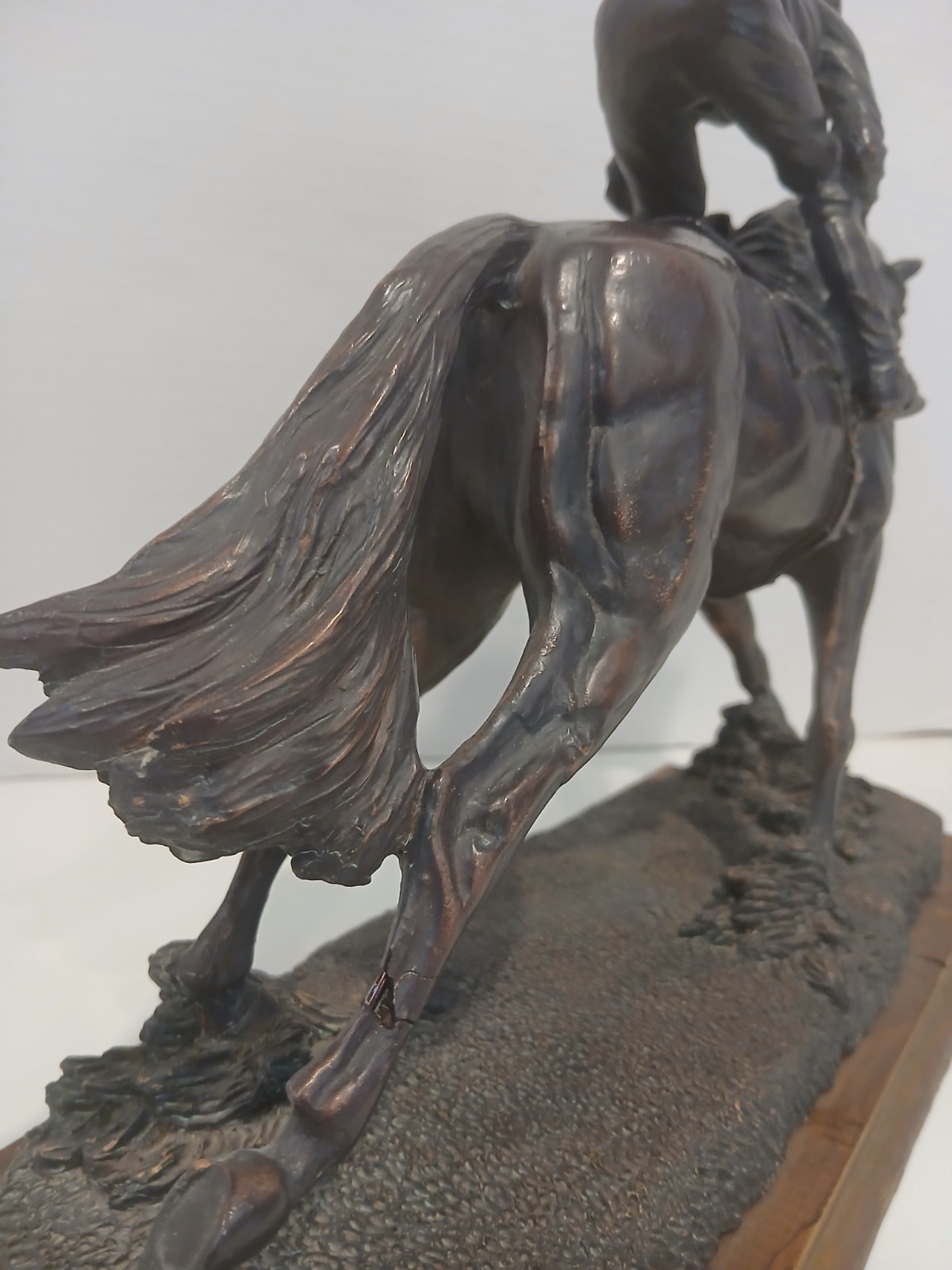 Bronzed Horse and Jockey Sculpture – Heavy Composite – Hand Painted on Wood Base
