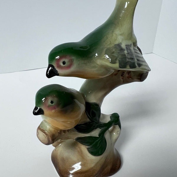 Vintage 1960s Songbird Porcelain Figurine 8″ Green Yellow Birds Japan MCM Decor