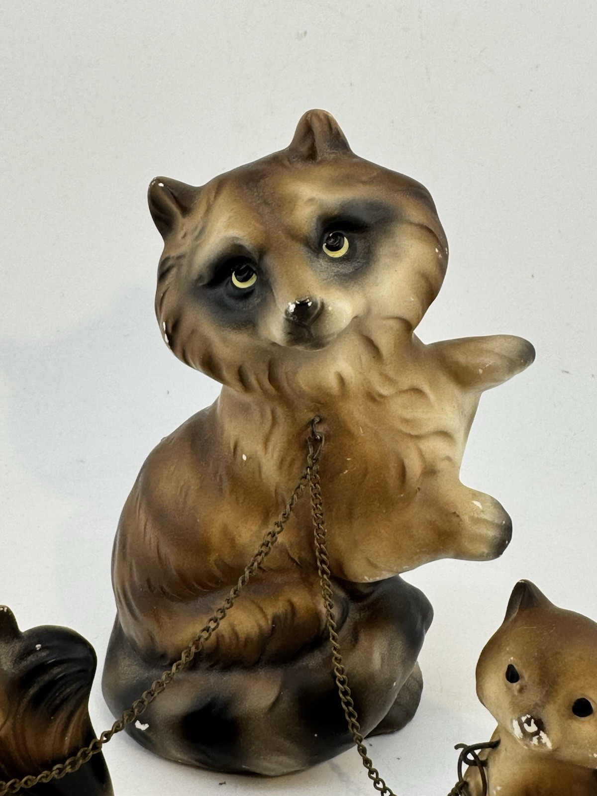 Vintage Japan Chained Raccoon Family Mother Babies Woodland Forest READ