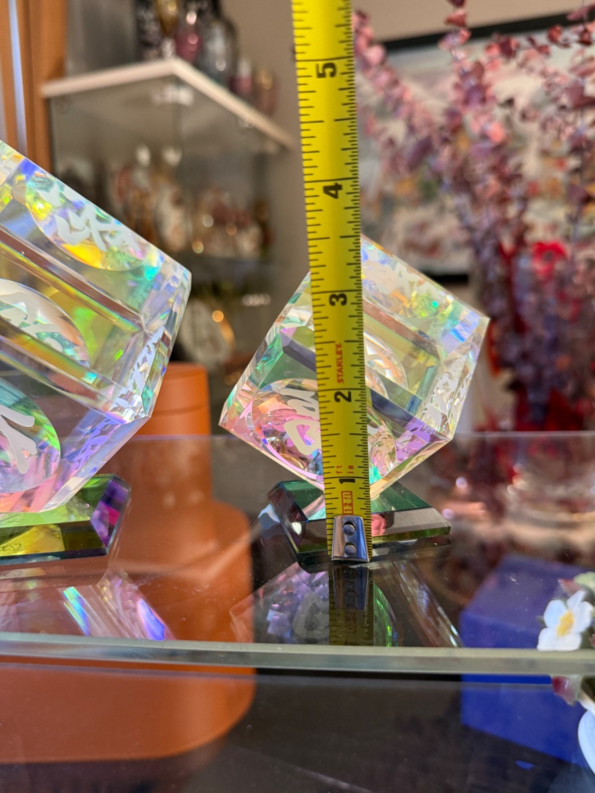 Vintage Two Dichroic Iridescent Crystal Glass Optical Cube Sculpture Asian