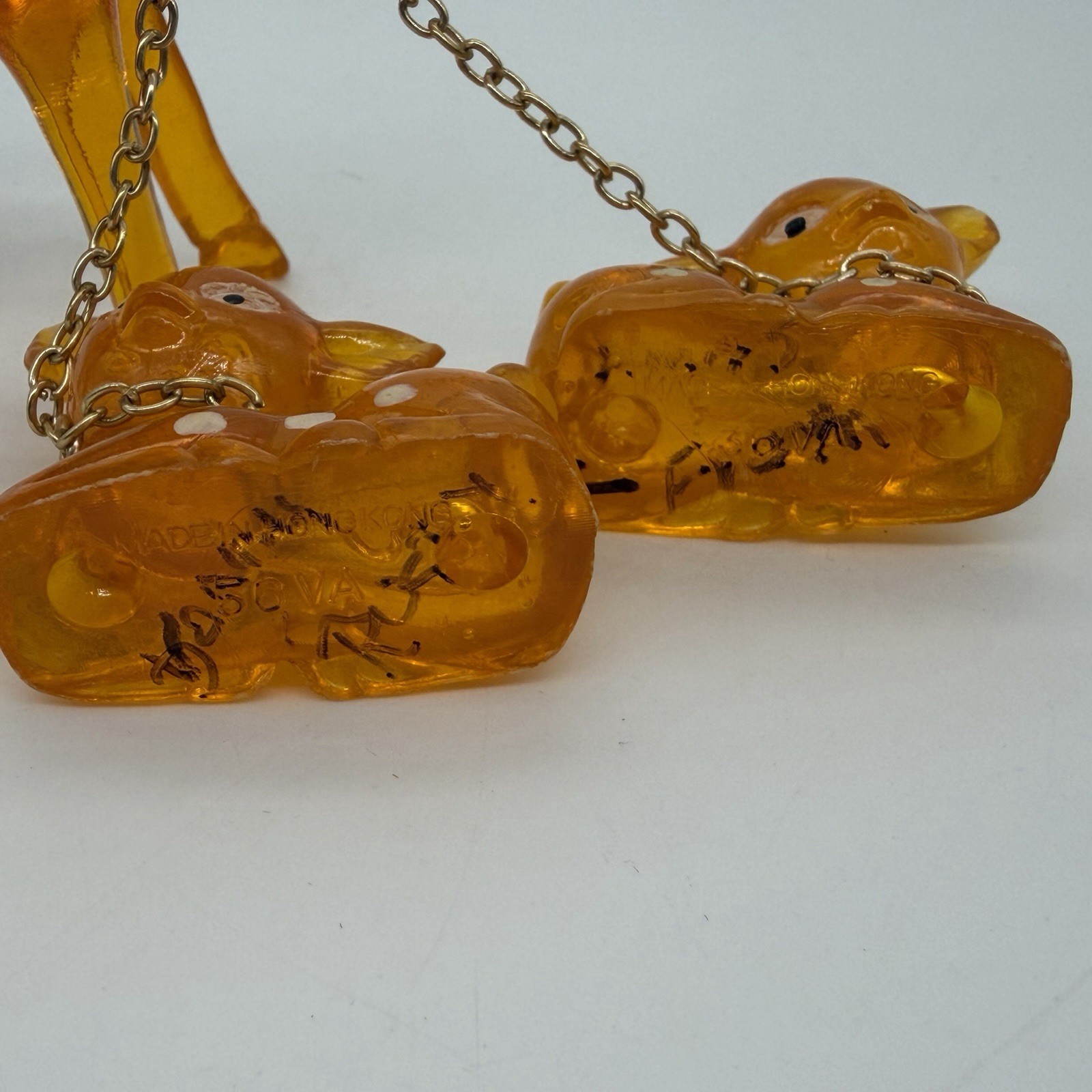 Vintage Lucite Chained Deer Family Orange White Spots & Eyes Retro Kitsch