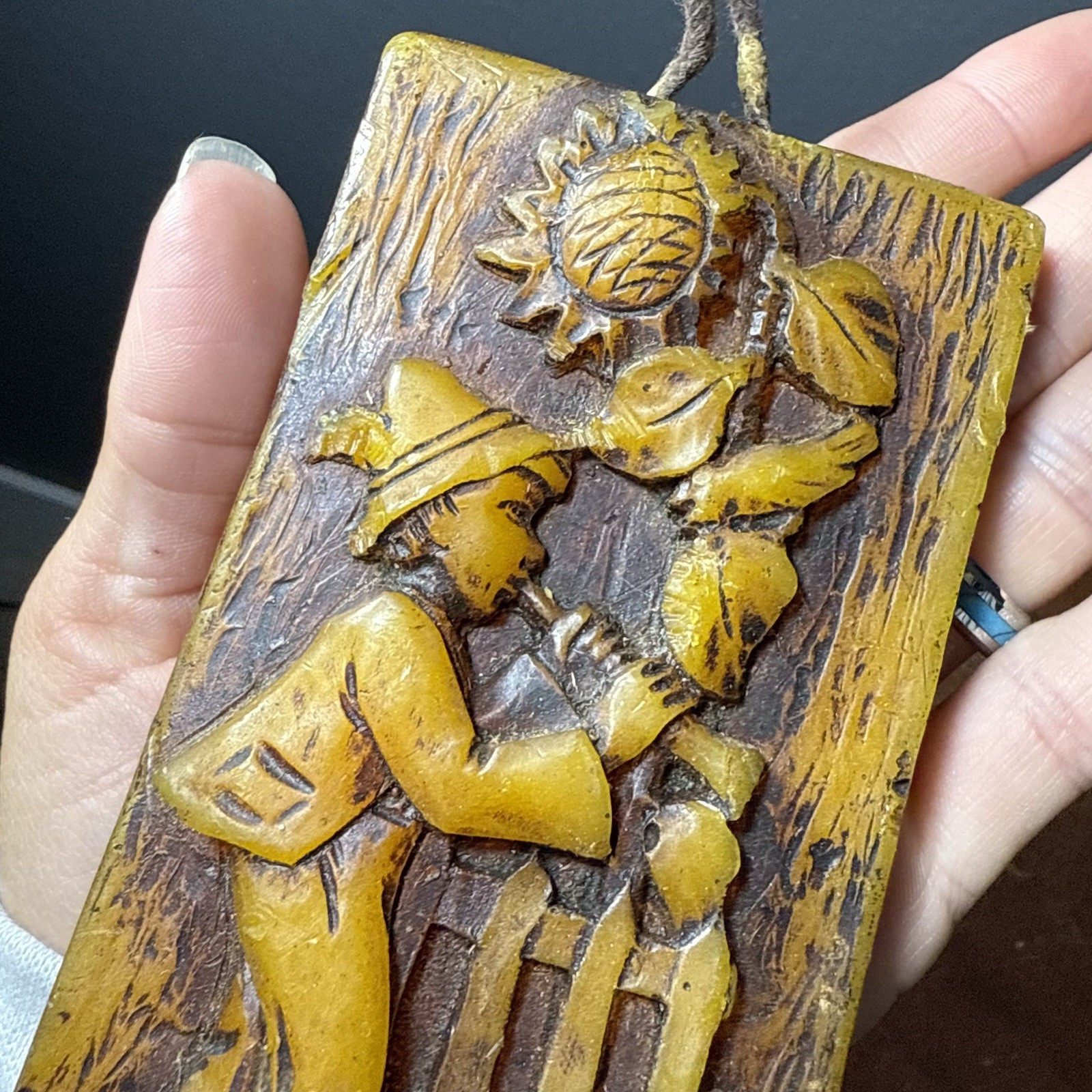 Vintage Hand Carved Wax Wall Hanging 3D Plaque Sunflower Child Decor 4.5″x2.5″