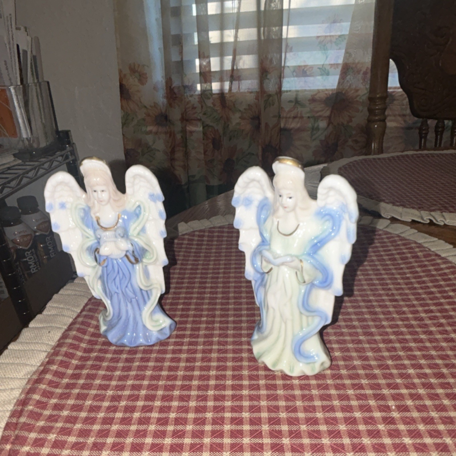 Set of 2 Ceramic Angel Figurines, White Blue Green Gold, Glazed 3D Effect