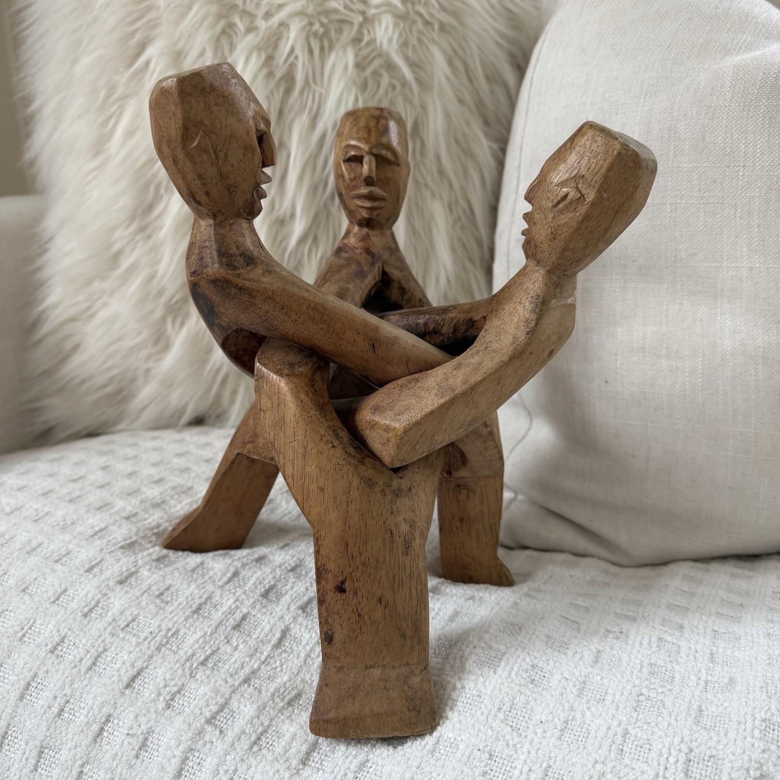 Vintage Wooden Unity Sculpture Interlocking Figures Hand Carved Unique Decor Art