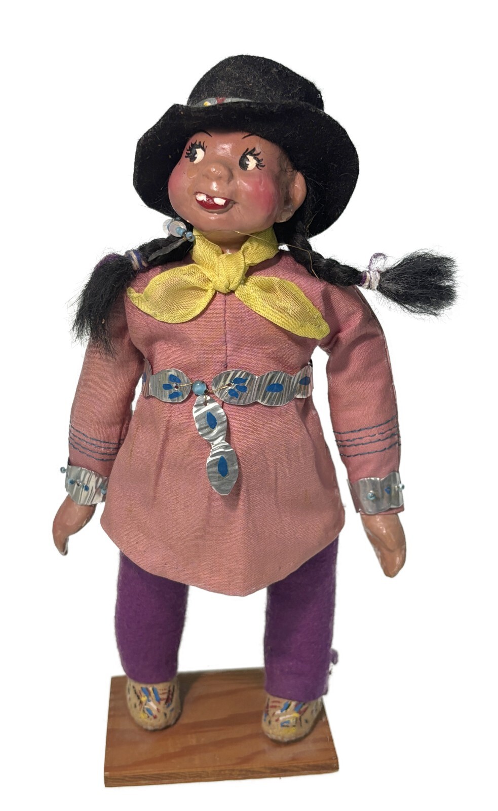 9.25” Folk Art Doll Figurine Native Girl Indian Woman in Hat Buck Tooth