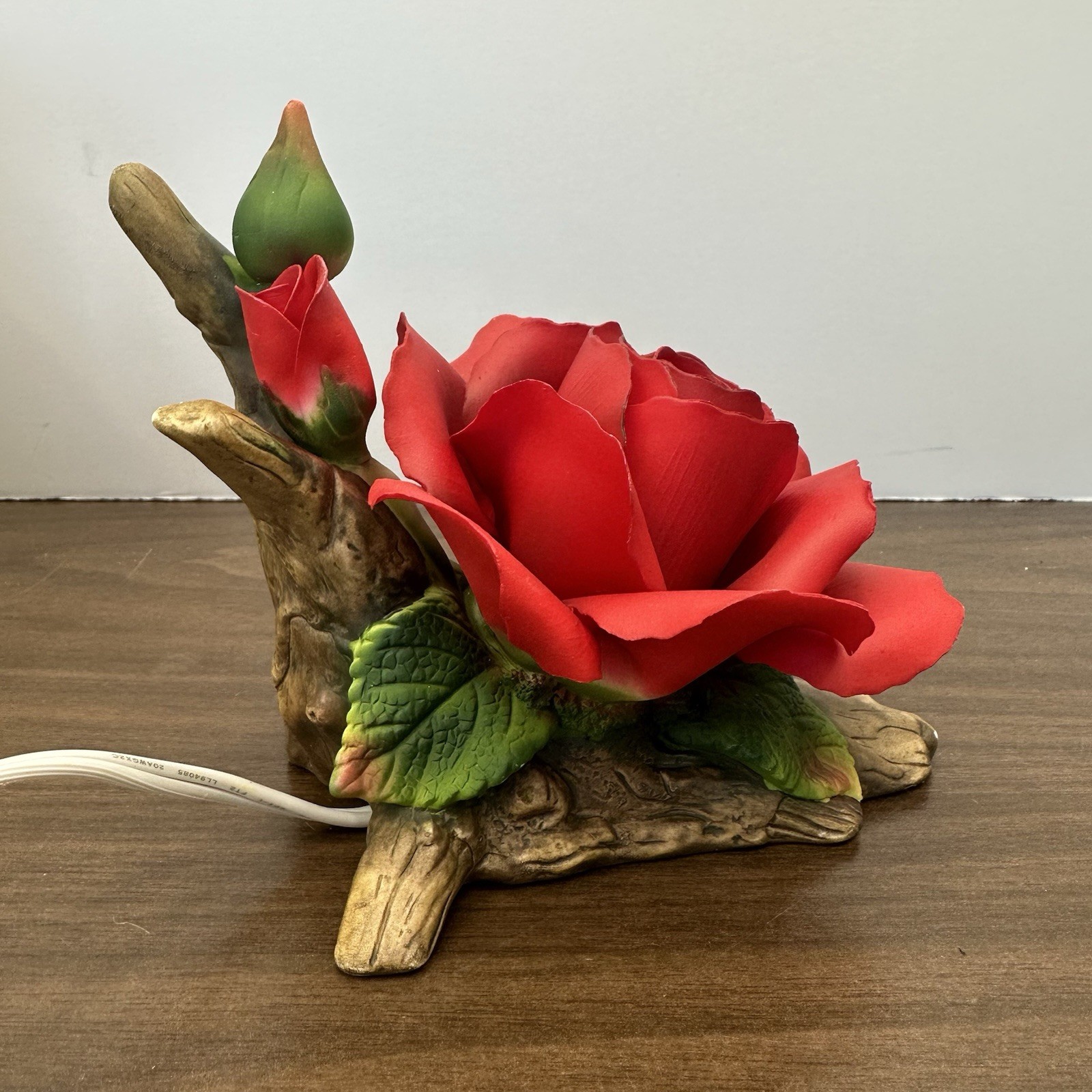 Porcelain NightLight Red Rose On A Log Lighted Figurine Rosebud Floral Garden