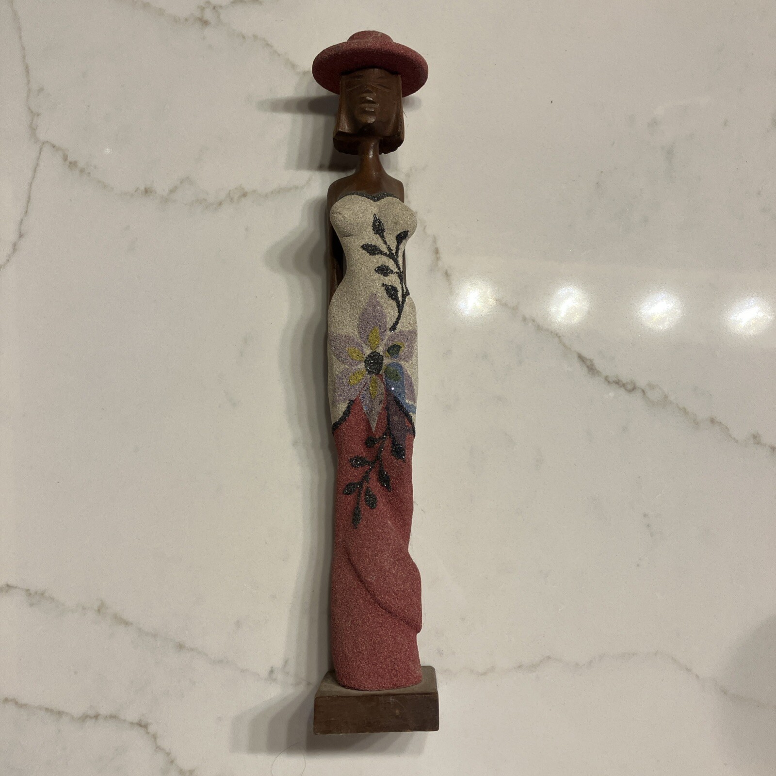 Vintage Hand Carved Ethnic Wooden Statue Woman In Red Dress & Hat 15 3/4″