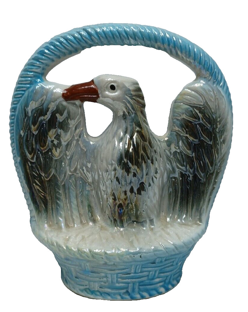 Hand Painted Porcelain Eagle in Basket Brazil 1910 Blue Iridescent Vintage