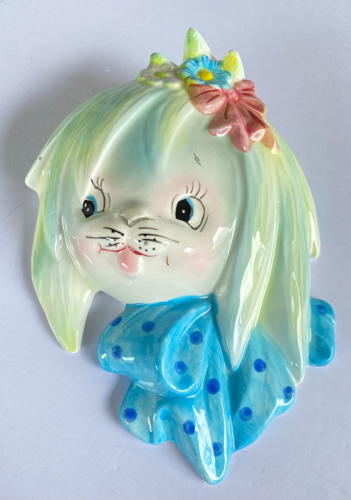 Vintage Lefton Mr Toodles Maltese Dog Wall Pocket Blue Bow Ceramic #2832