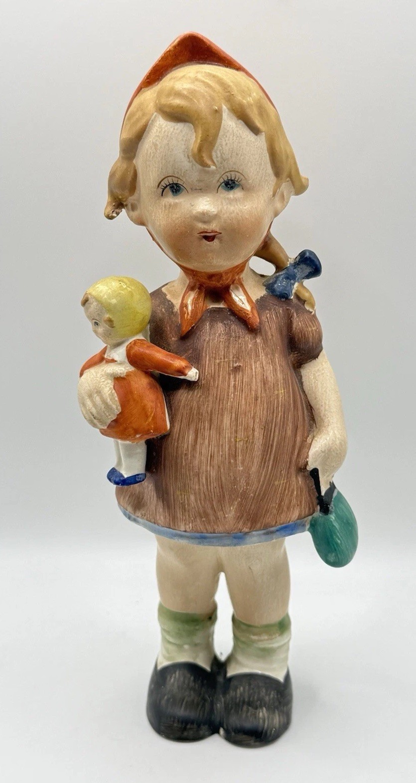 Vintage Porcelain Little Girl Figurine Holding Doll Orange Headscarf Brown Dress