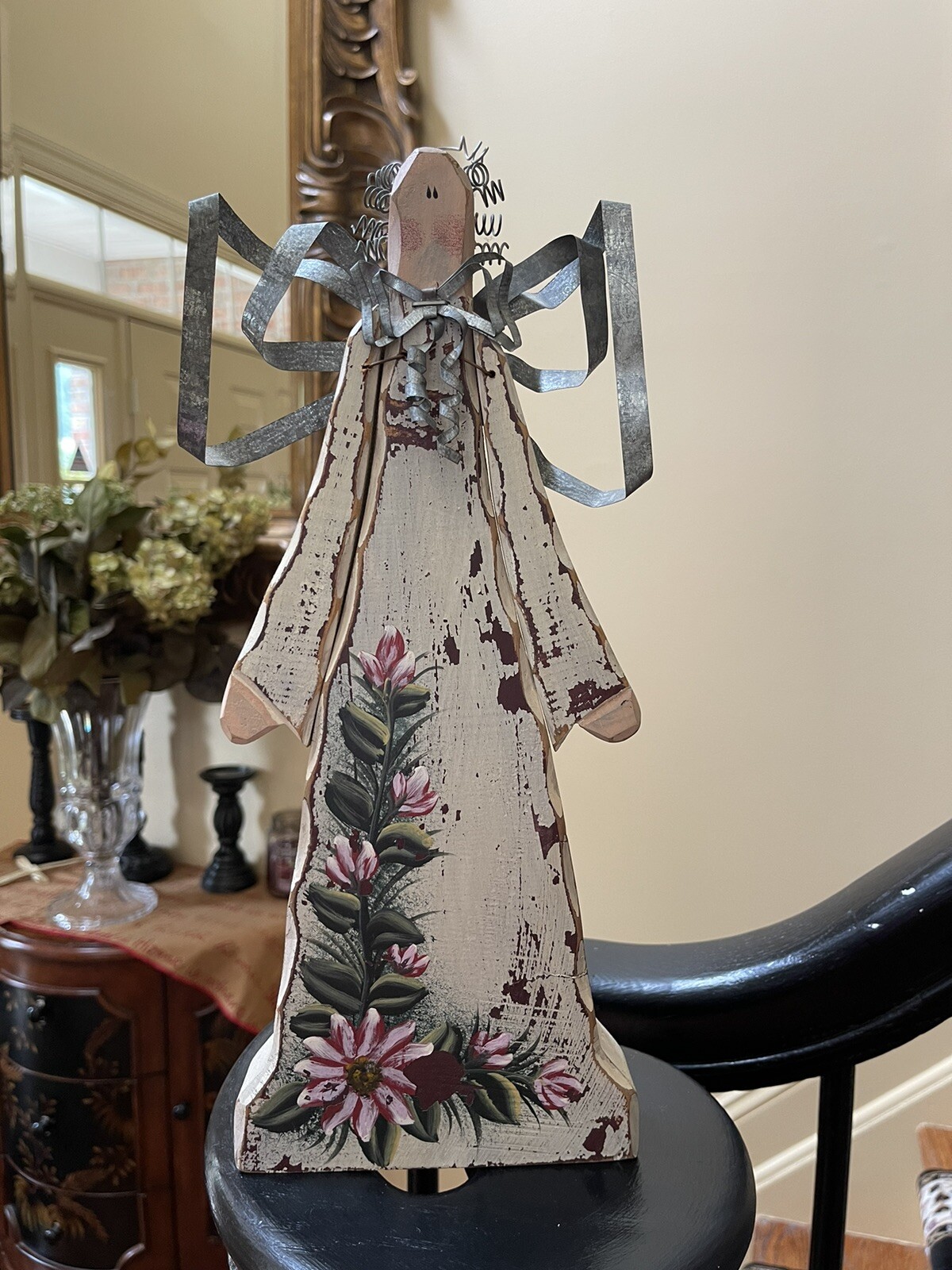 Wooden Angel Mixed Material Hand Painted COUNTRY Floral 13.5” Folk ART Vintage