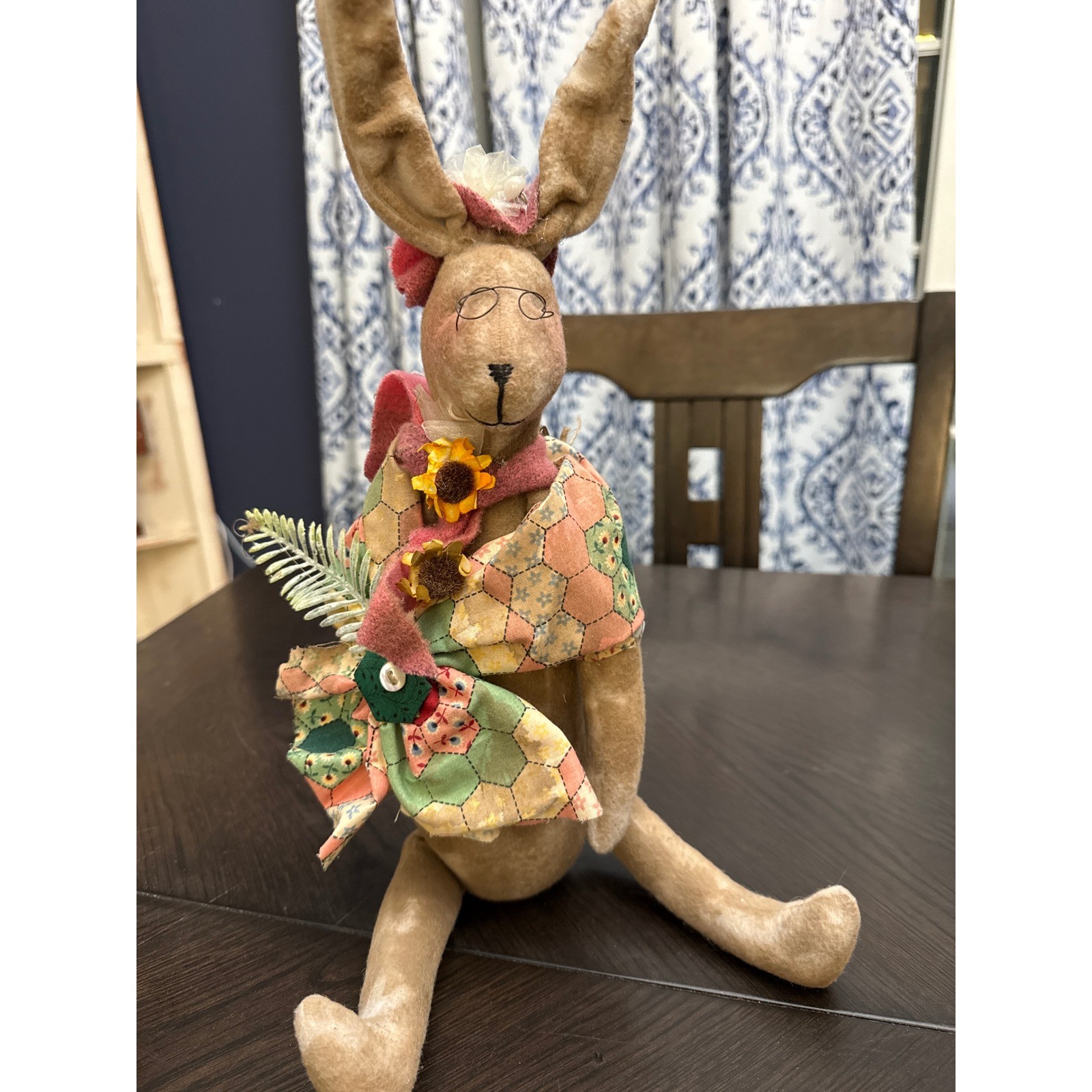 Miss Hattie Maudine Primitive Folk Art Bunny Rabbit Doll Quilted Patchwork 18″