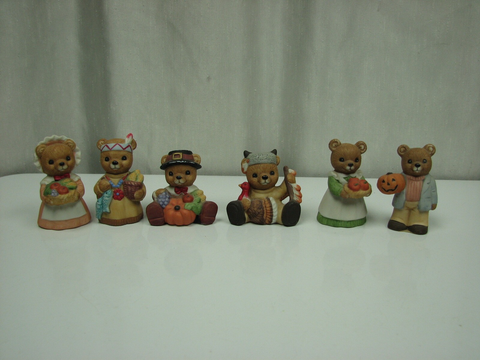 Homco Thanksgiving Bears Figurines #1413 & #5209 Set Of 6 Porcelain Fall Autumn