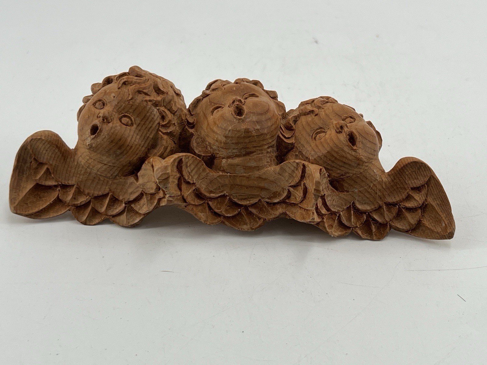 Vtg Wood Carved Angelic Children Cherubs Putti 3d Sculpture Wall Decor 7×2.5