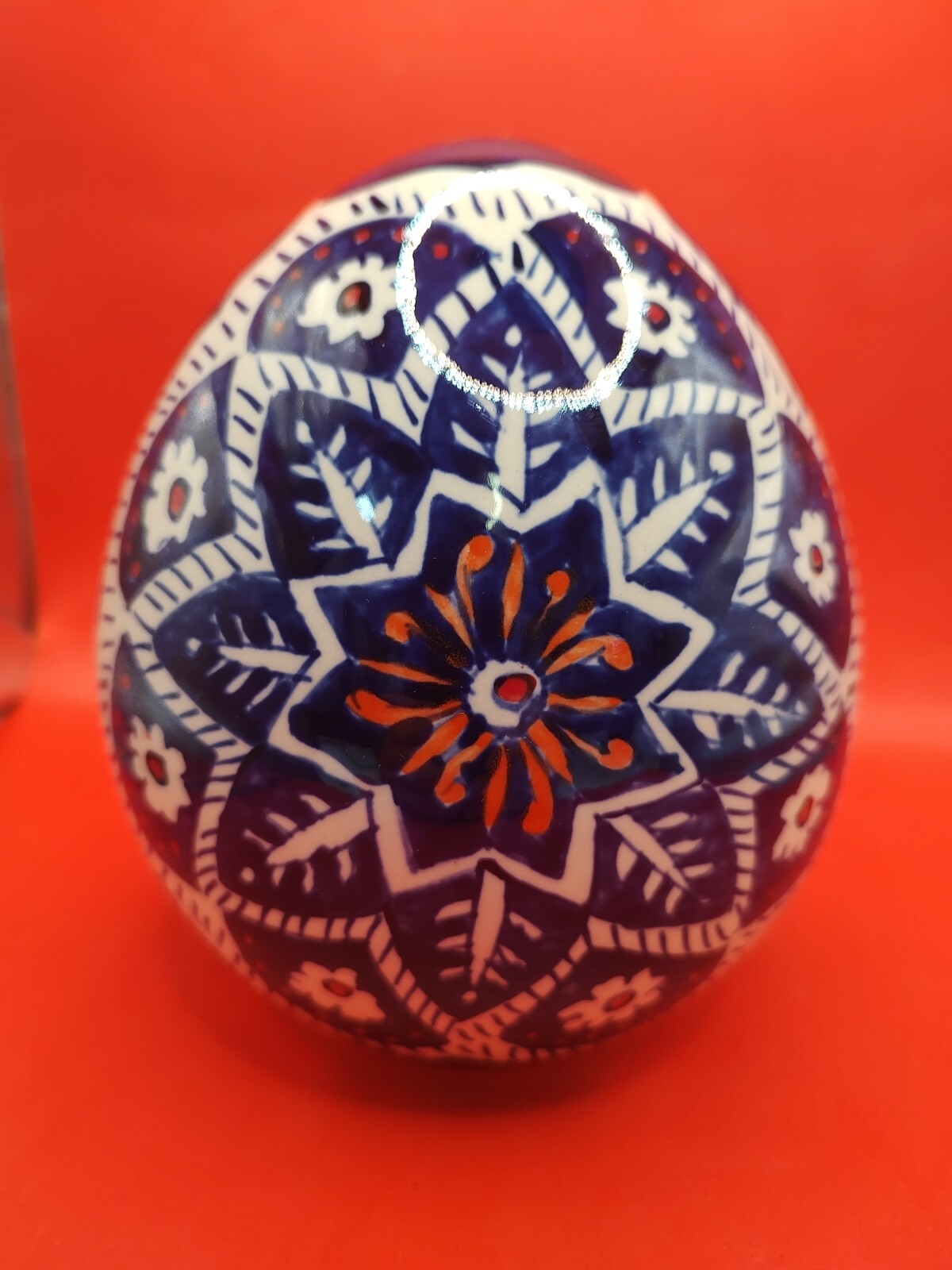 7″ Polish, Ukraine, India ? Unmarked Hand Painted Egg Shaped Decor Blue Poland