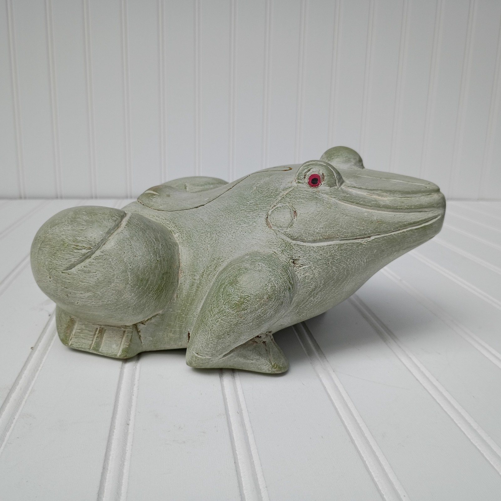 Vintage Thai Hand Carved Wood Frog Trinket Box Green Painted Folk Art Thailand