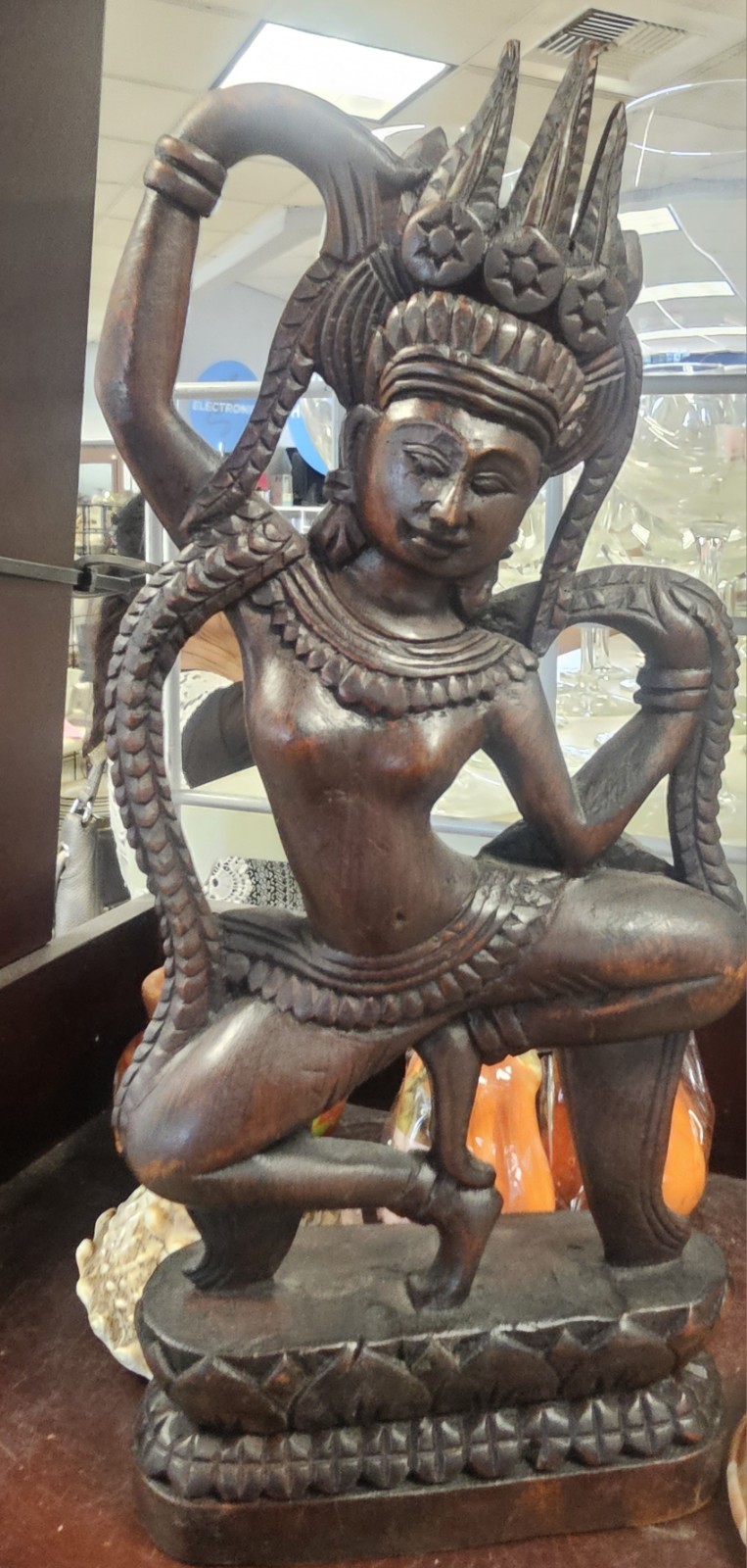 Teakwood Cambodian Apsara Celestial Spiritual Dancer 20th Century Khmer Regime