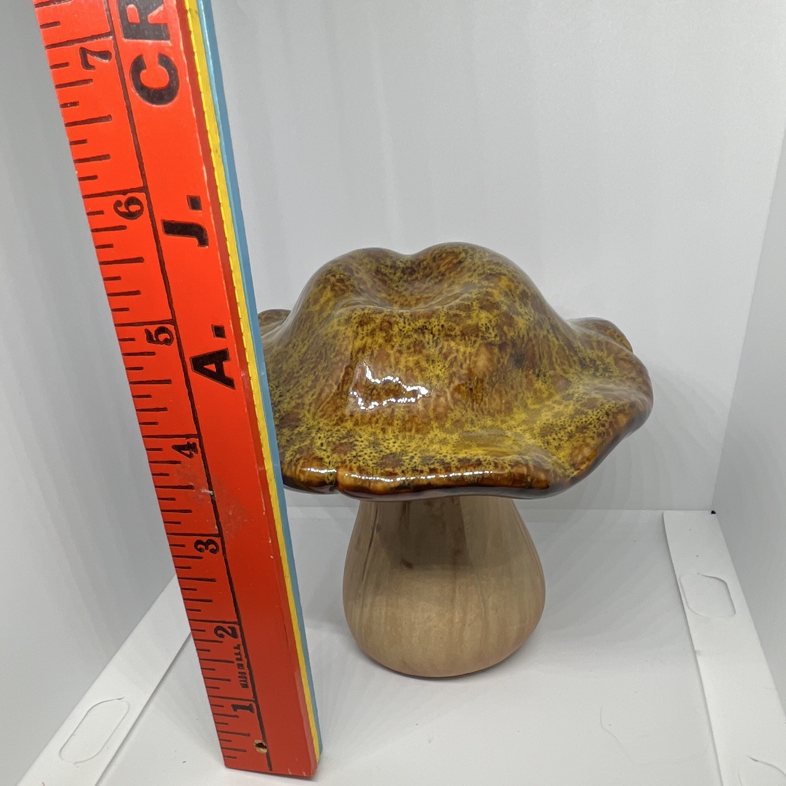 Brown & Beige Glazed Ceramic Mushroom Sculpture Figurine or garden decor 7 in